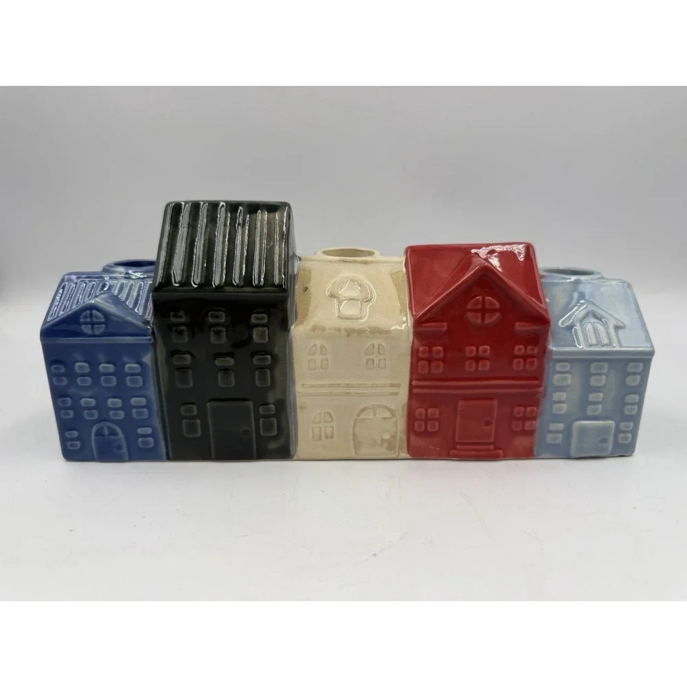 NWT Re White Blue Ceramic Candle Holder Row of Houses 9